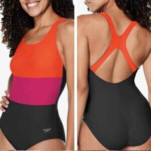 Speedo Women's XL One-Piece SWIMSUIT, Spicy Orange Colorblock, Ultraback EUC